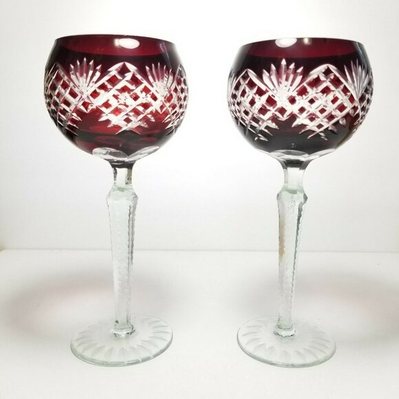 Lot of 2 Bavarian ruby red and clear cut glass wine goblets stemmed glasses 8.5" - Picture 2 of 10